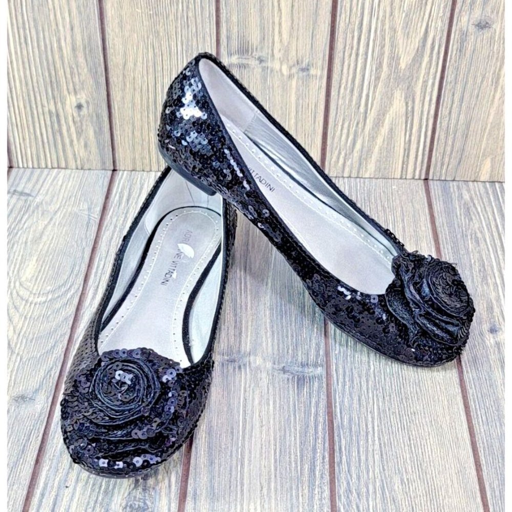 Adrienne Vittadini Black Rose Sequin Flats Womens size 6M Shoes AV-Swing